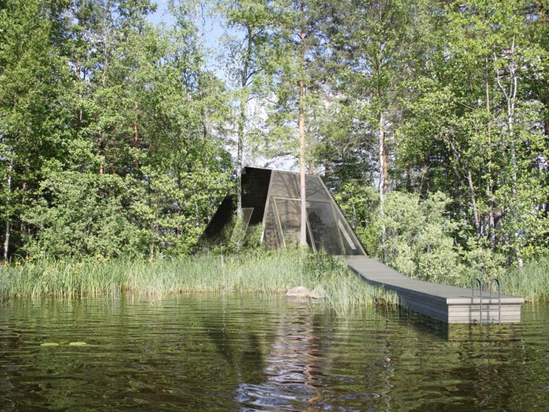 pulsar contemporary wooden sauna house in a forest on lake in wild nature
