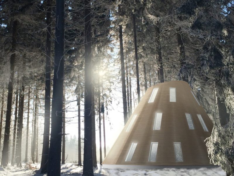 Pulsar contemporary wooden house in a forest on snow in wild nature